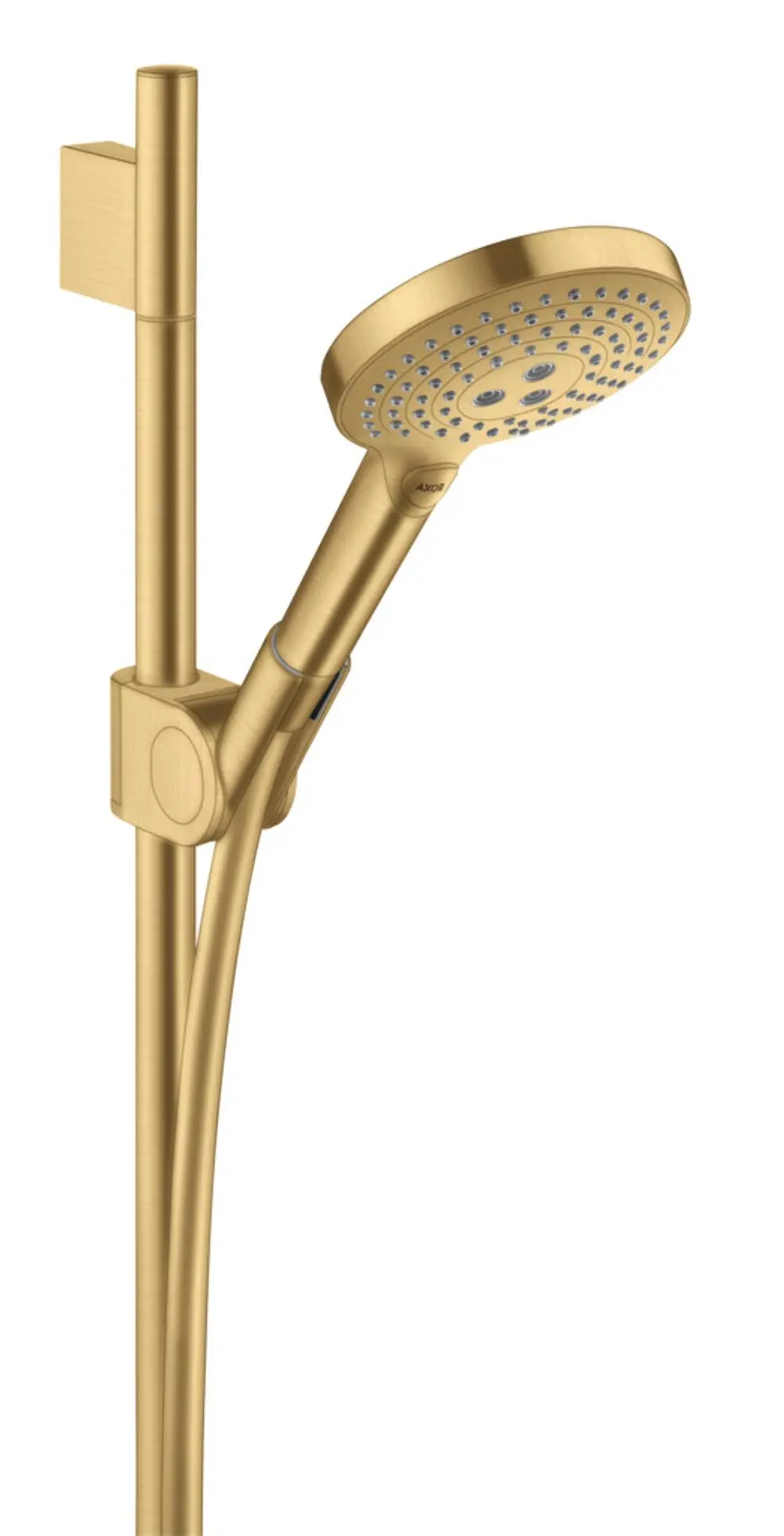 Handbrause mit Halterung und flexibler Schlauchführung in matter Goldoptik. Produkt von AXOR, designed für moderne Badezimmer.